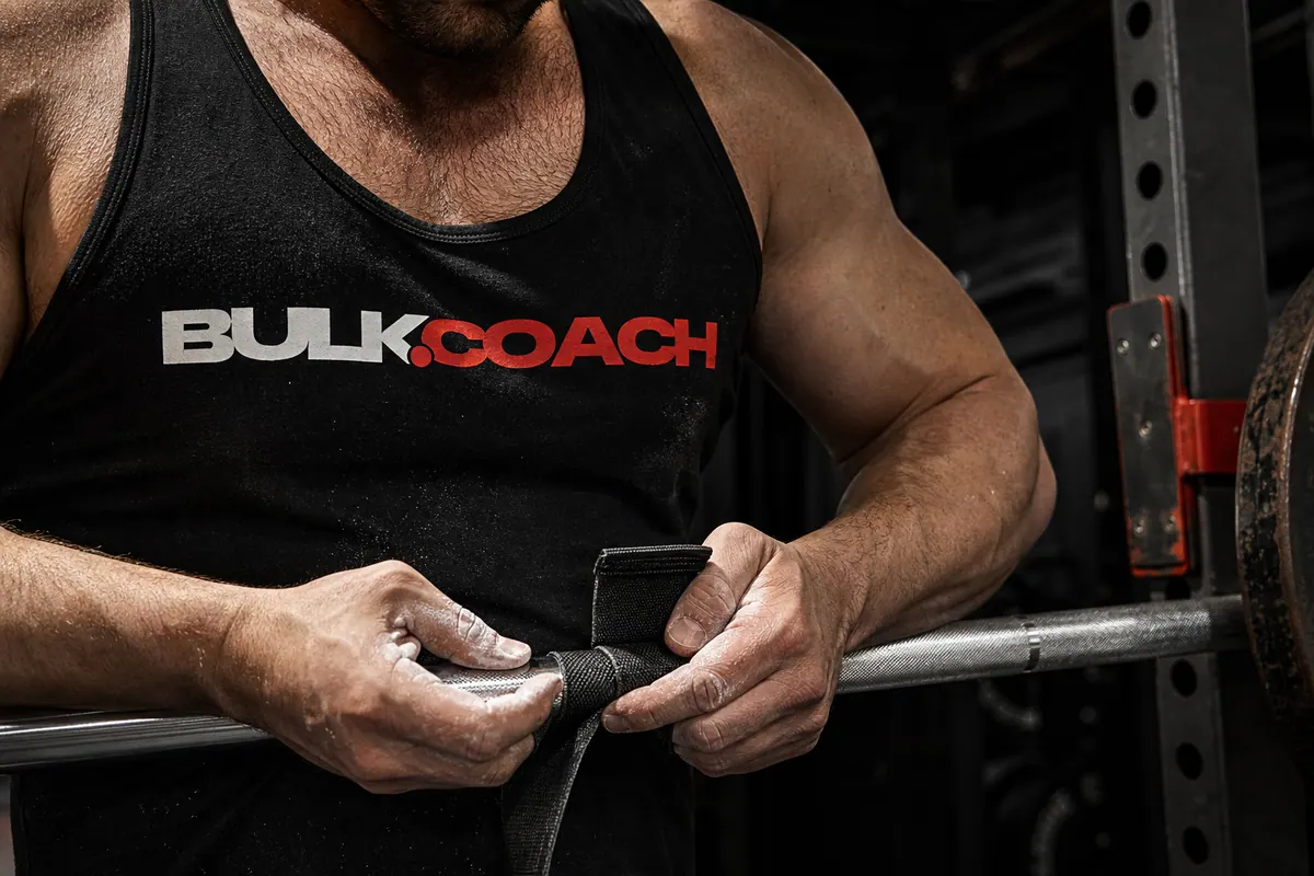 A close view of hands, straps and knurled gym equipment